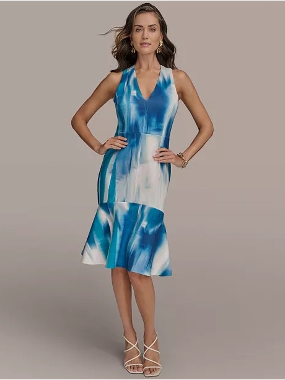 NWT Donna Karan New York V-Neck Floral Sleeveless Ruffle Hem Dress